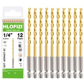 HLOFIZI 1/4" Cobalt Drill Bit with Hex Shank (12 Pack), Impact Titanium Twist Drill Bits for Metal, Stainless Steel, Cast Iron and Wood