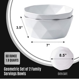 Set Of 2 Premium Ceramic Geometric Large Salad Serving Bowls (60 Oz) Oven Safe. For Family Servings, Cereal, Salads, Pasta, fruite Bowls, Bake And Serve 1.8 Quarts, White