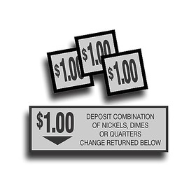 Vending Machine Coin Slot Change Decal Sticker, 1.00 One Dollar Generic Compatible with Vintage or Current Soda Pop Soft Drink 1 1/2 x 4 1/2 Inch Black on Silver Plus 3 Square Decals