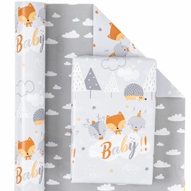 WRAPAHOLIC WRAPAHOLIC Reversible Baby Shower Wrapping Paper - Mini Roll - 17 Inch X 33 Feet - Grey Animal Design Neutral Baby Shower, Boys Girls Kids Birthday