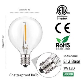 Jslinter G40 LED String Light Replacement Bulbs, 5000K Daylight, 25 Pack, 1W, E12 Base, Shatterproof Glass, 60 Lumens