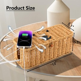 Cord hider box,Imitation rattan cable management organizer storage box with lid 2 open slots extension cord keeper charging basket cover under desk for hide wire cords and power strip-13"L*5.1"W