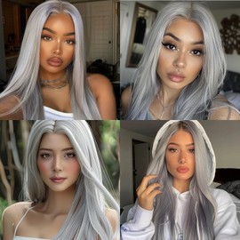 Leuik Long Straight Black Wig|Synthetic Long Black Wigs for Women|Cosplay Black Wig for Fashion Women 28inch (Gray)