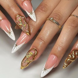 Almond Press on Nails Medium French Tip Fake Nails with Design Gold Line Star Glue on Nails 3D Flower Water Ripple Acrylic Nails Rose False Nails Full Cover Stick on Nails for Women Manicure 24Pcs