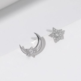 Meissa Sterling Silver Stud Earrings for Women Girls, Dainty Moon & Star Stud with Cubic Zirconia, Small Nickel Free Cartilage Stud Christmas Gift, Silver