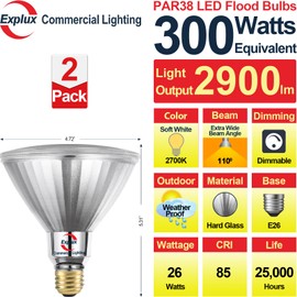Explux 300 Watt Equivalent PAR38 LED Flood Light Bulbs, Ultra Bright 2900 Lumens, Dimmable, Full-Glass Outdoor Waterproof & Anti-Ageing, 2700K Soft White Spotlight, 2-Pack