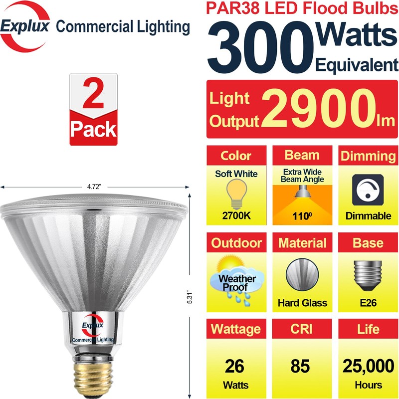 Explux 300 Watt Equivalent PAR38 LED Flood Light Bulbs, Ultra