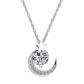 Yaneno Women Necklace 925 Sterling Silver Choker Cross Necklace Crystal Zirconia Pendant Moon Stars (White)