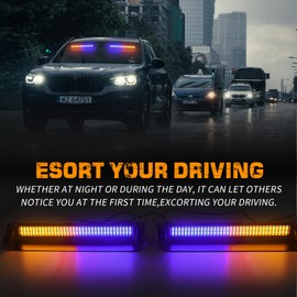 XRIDONSEN Emergency Dash Strobe Lights 144 LED Amber Blue Warning Hazard Safety 2X 14.5 inch Front/Rear Interior Windshield Lights w/Suction Cups Deck Split Mount for Vehicles Trucks