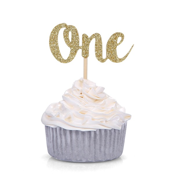 Set of 24 Gold Glitter Number One Cupcake Toppers Kids' First Birthday Party Decors