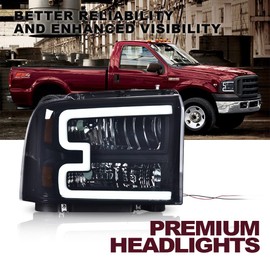 CNNELL Headlight Assembly with LED DRL Bar Compatible with 2005 2006 2007 Ford F250 F350 F450 F550 SuperDuty Headlamp(Smoky lens Black Housing Amber Reflector)