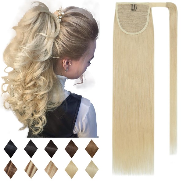 SEGO 16" 80g Wrap Around Ponytail Hair Extensions 100% Human Hair Grade 7A Real Remy Hair Long Straight Highlighted Magic Paste Clip in Ponytail for Women -Ash Blonde&Bleach Blonde
