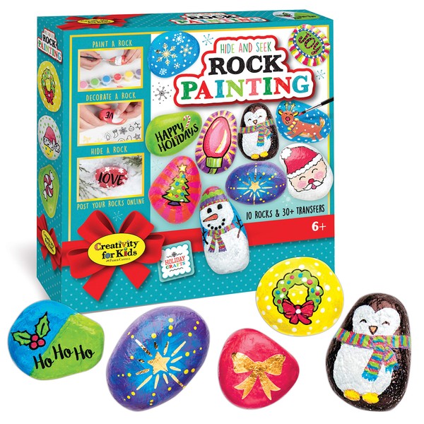 Creativity for Kids Holiday Hide & Seek Rock Painting Kit, Paint & Hide 10 Rocks, Holiday Crafts For Kids