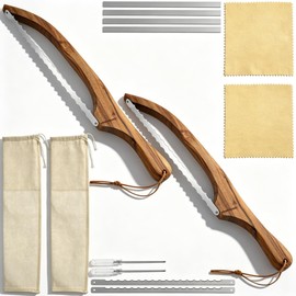 THDUJAYJAY 2 Pack Wooden Bread Bow Knife Set,Durable High Carbon Steel Cutting Blade,Multipurpose Slicer for Sourdough, Baguette,Cheese and Fruit,Comes with Screwdriver,Covers & Storage Pouches