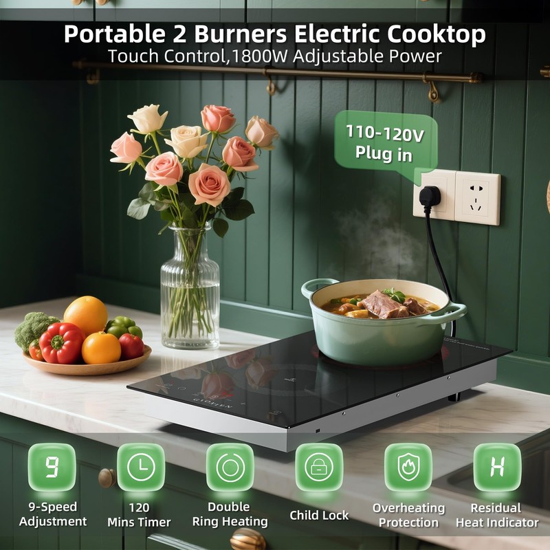 Electric Cooktop 2 Burners 110V~120V, 12'' Plug in Electric Stove