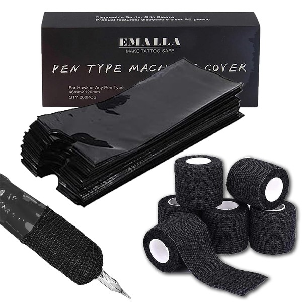 200PCS Pen Covers with 6PCS Grip Tape - SOTICA Machine Wrap Cover Black Pen Bags Pen Sleeves Machine Sleeves with Black Grip Wrap Self-Adherent Tape Plastic Covers