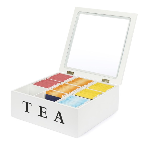 Van Henry Wooden Tea Box with 9 Compartments and Viewing Window - Tea Bag Storage Box White - 21.5 x 21.5 x 8.5 cm