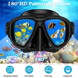 Snorkeling Gear for Adults, 3 in 1 Snorkel Set with Panoramic View Diving Mask Anti-Fog Anti-Leak,Dry Top Snorkel,Fins and Travel Bag for Swimming,Snorkeling and Travel Diving, Black