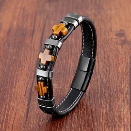 Fahonie Cross Bracelet for Men Tiger Eye Religious Christian Bracelet & Black Agate Healing Anxiety Stainless Steel Cross Bracelets Cool Hip Hop Jewelry for Male Coworkers, Cubic Zirconia