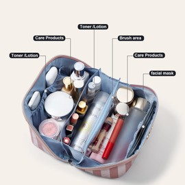 BOYATU Travel Makeup Bag for Women: Large Cosmetic Bag Set of 3 - Vegan Leather Make up Bag with Compartments - Compact Waterproof Toiletry Bag with Divider & Handle (01Pink)