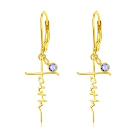 PRAYMOS Gold Cross Earrings for Women Sterling Silver Dangle Drop June Birthstone Faith Earrings Inspirational Religious Christian Confirmation Gifts, Sterling Silver, Cubic Zirconia
