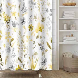 Yanutan Yellow Gray Floral Shower Curtain,Watercoor Flower Leaves Shower Curtain Set for Bathroom,Yellow and Gray Plants Fabric Bath Curtain with Hooks, 72x72in