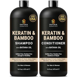 Keratin Shampoo and Conditioner Set | 16 fl oz Each | with Batana Oil & Bamboo Extract | Controls Frizz, Strengthens, Nourishes, & Adds Shine for Smoother Hair