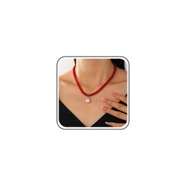 Inateannal Red Pearl Necklace Choker Necklace Drop Beads Pendant Necklace Pearl Strand Necklaces Gemstone Round Beads Necklaces Jewellery for Women, Zinc, No Gemstone