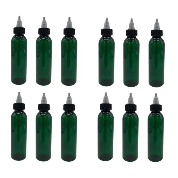 Natural Farms - Botellas de plástico Cosmo verde de 4 onzas, paquete de 12 botellas vacías recargables, sin BPA, aceites esenciales, aromaterapia, tapa superior giratoria negra y natural, fabricadas en los Estados Unidos