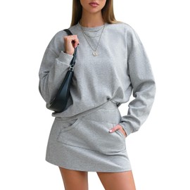 EXLURA Women 2 Piece Sets Cotton Tracksuits Workout Set Crewneck Sweatshirt Skort Short Skirt Fall Tennis Sweat Suits Pockets, Grey, Small