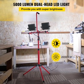VEVOR LED Work Light with Stand, 20000 Lumen Dual-head LED Work Light with 27.6"-68.1" Adjustable and Foldable Tripod Stand, IP65 Waterproofed LED Tripod Work Light, with 5000 Kelvin Color Temperature