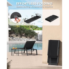 Aluminum Chaise Lounge Chair Outdoor, Foldable & Assembly Free Patio Pool Lounge Chairs 5-Position Recliner for Outside Poolside, Fully Grounded Legs Sun Lounger for Beach, Yard, Black