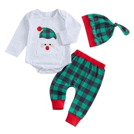 Thorn Tree Infant Baby Boys Christmas Clothes Santa Claus Romper Plaid Long Pants Hat 3Pcs Fall Winter Xmas Outfits (Grey & Green,3-6 Months)