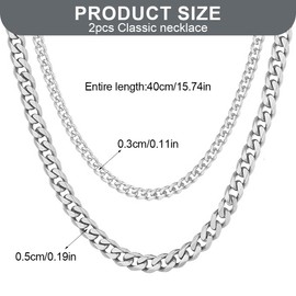 MenYiYDS Set of 2 Classic Cuban Necklaces for Men and Women, Width 3 mm/5 mm, Stainless Steel, Length 40 cm, Colour Silver, Stainless Steel
