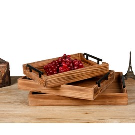 Juleduo 3 Piece Decorative Nested Vintage Wood Serving Tray Set for Eating, Breakfast, Party, Kitchen, Ottoman,Tea Coffee Table& Home Decor, Large Decorative Serving Trays Set
