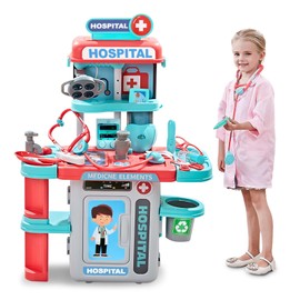 Doctor Kit for Kids 3-5, Toddler Play Set with Rolling Cart, Costume, and Stethoscope, Role Play Kids Doctors Set Educational Birthday Gift for Girls(Pink)