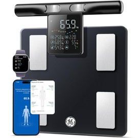 GE Scale for Body Weight, 8-Electrode Smart Bathroom Scale with Full Body Composition Analysis, Bluetooth App Sync, Large Handle Display, 180kg Capacity Weighing Scale for Home & Gym, 300mm Black