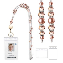 Seqiuay Lanyards for ID Badges and Keys, Retractable Beaded Badge Lanyards with ID Holder for Women, Graceful Pearls and Crystals (Electroplated Champagne)