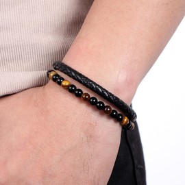 Angyape Natural Agate Stone Leather Beaded Bracelet, Lugxb Natural Agate 6mm Stone Adjustable Leather Beaded Bracelet Jewelry Gifts for Men Women(1Pcs Volcano