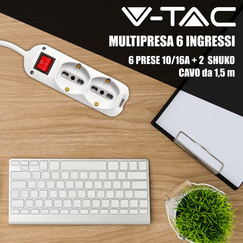 V-TAC 6 Gang Electric Multi Socket with Switch and 1.5m