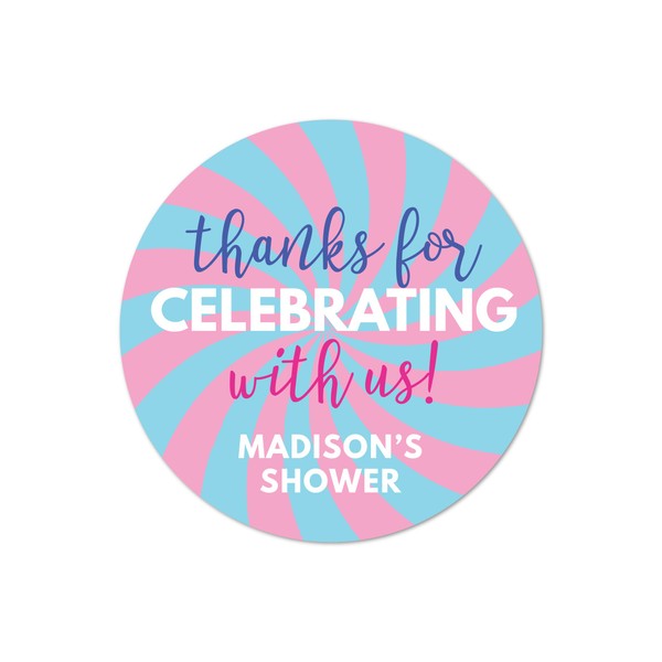 Andaz Press Pink or Blue We Love You Gender Reveal Baby Shower Collection, Personalized Round Circle Label Stickers, Thank You for Celebrating with US, 40-Pack, Madison's Baby Shower Custom Name
