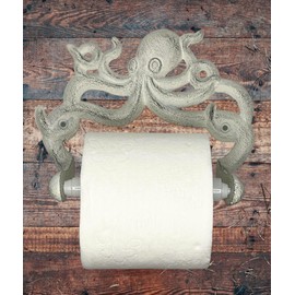 Octopus Toilet Paper Roll Holder – Cast Iron Decorative Wall Mount – Distressed Nautical Finish with Mounting Hardware (White Mist)