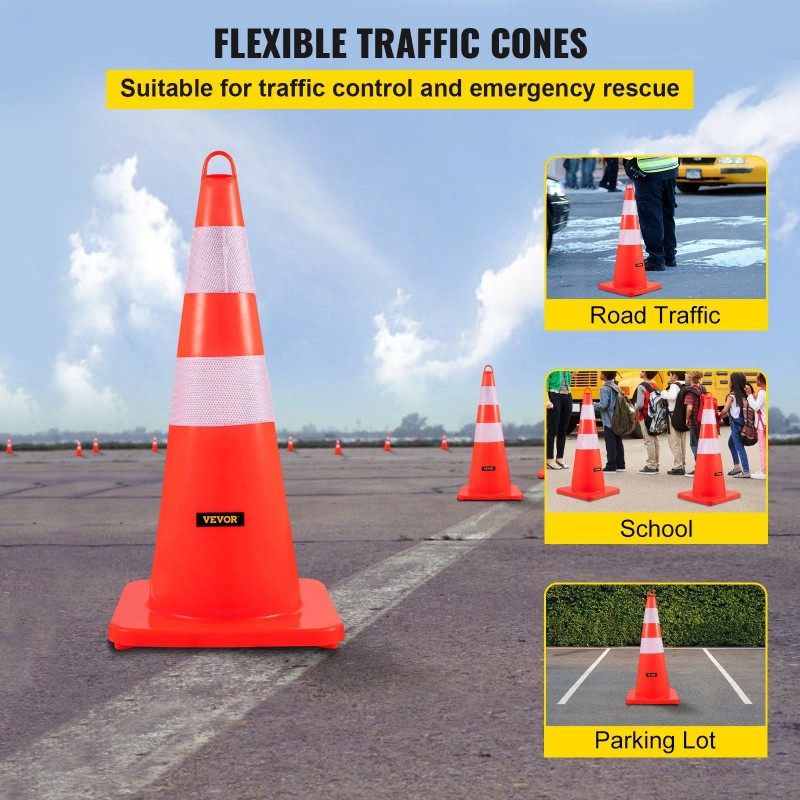 28 In Orange Traffic Cones With Reflective Collars Weighted Base