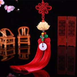 Unbranded Red Boxwood Carving Lotus Flower Car Rear view Mirror Pendant Lucky Safety Hang