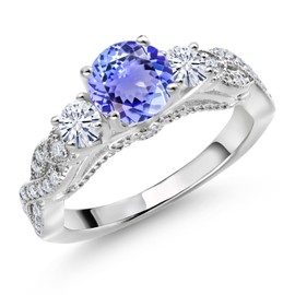 Gem Stone King 925 Sterling Silver Blue Tanzanite and White Moissanite Engagement Ring For Women (1.37 Cttw, Gemstone December Birthstone, Round 6MM and 3MM) (Size 8)
