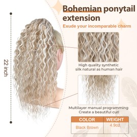 FLUFYMOOZ Ponytail Extension, 22 Inch Bohemian Style Drawstring Ponytail Hair Extensions for Women, Long Curly Wavy Ponytail Natural Synthetic Hairpiece for Women (22 Inch Light Blonde with White Blonde Highlight)