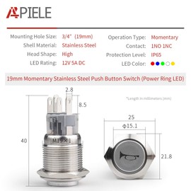 APIELE 19 mm Momentary Horn Button Push Switch 12 V with LED Waterproof Momentary Horn Button Push Button Switch with Pre-Wired Plug Car RV Truck Boat On/Off Horn Button Switch (Red)