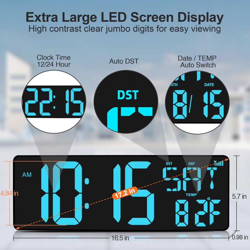 XREXS 17.2" Large Digital Wall Clock Bluetooth Sync Time, Precise