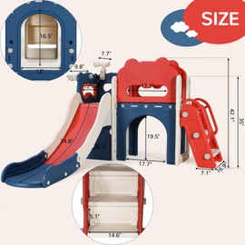 Arlopu 8 in 1 Toddler Slide Playset, Kids Slide with Basketball Hoop Ball and Telescope Storage Space Outdoor, Baby Slides for Indoor Backyard Playground (Red Blue)