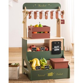 ROBOTIME Wooden Grocery Store Playset, Kids Play Store, Starlight Market Kitchen Playset Stand- Realistic Pretend Play Set with Lights, Chalkboard, Gift for Boys Girls 3+